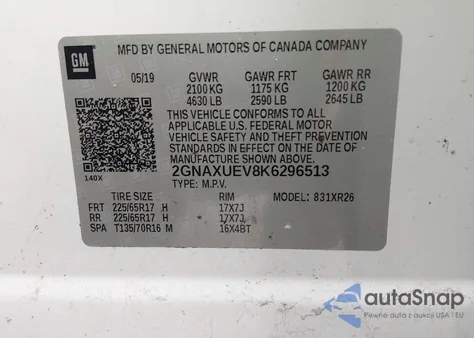 2019 Chevrolet Equinox Lt from USA, damaged, VIN 2GNAXUEV8K6296513